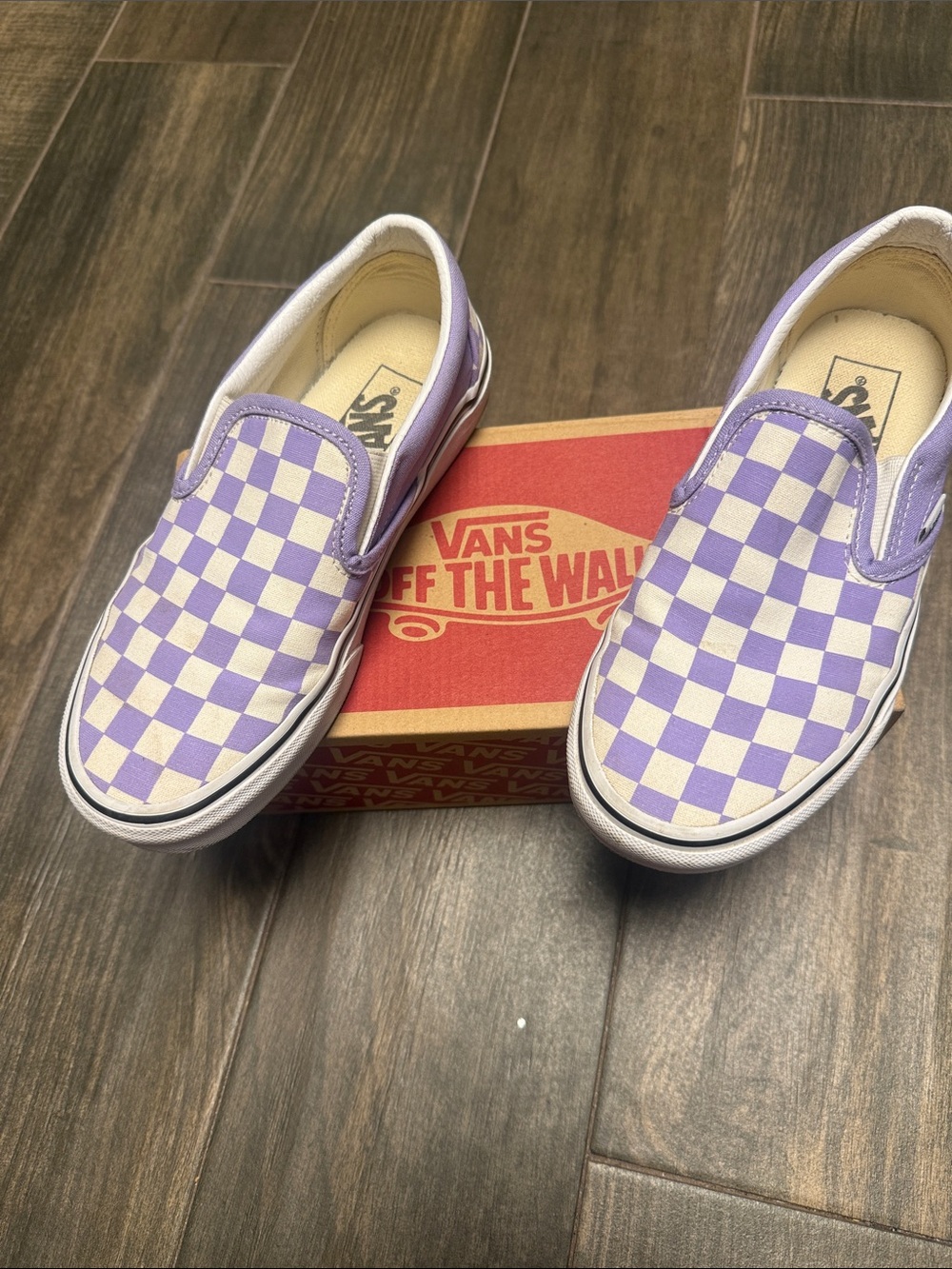 Vans womens Lavender and White Checkerboard Slip-On Sneakers